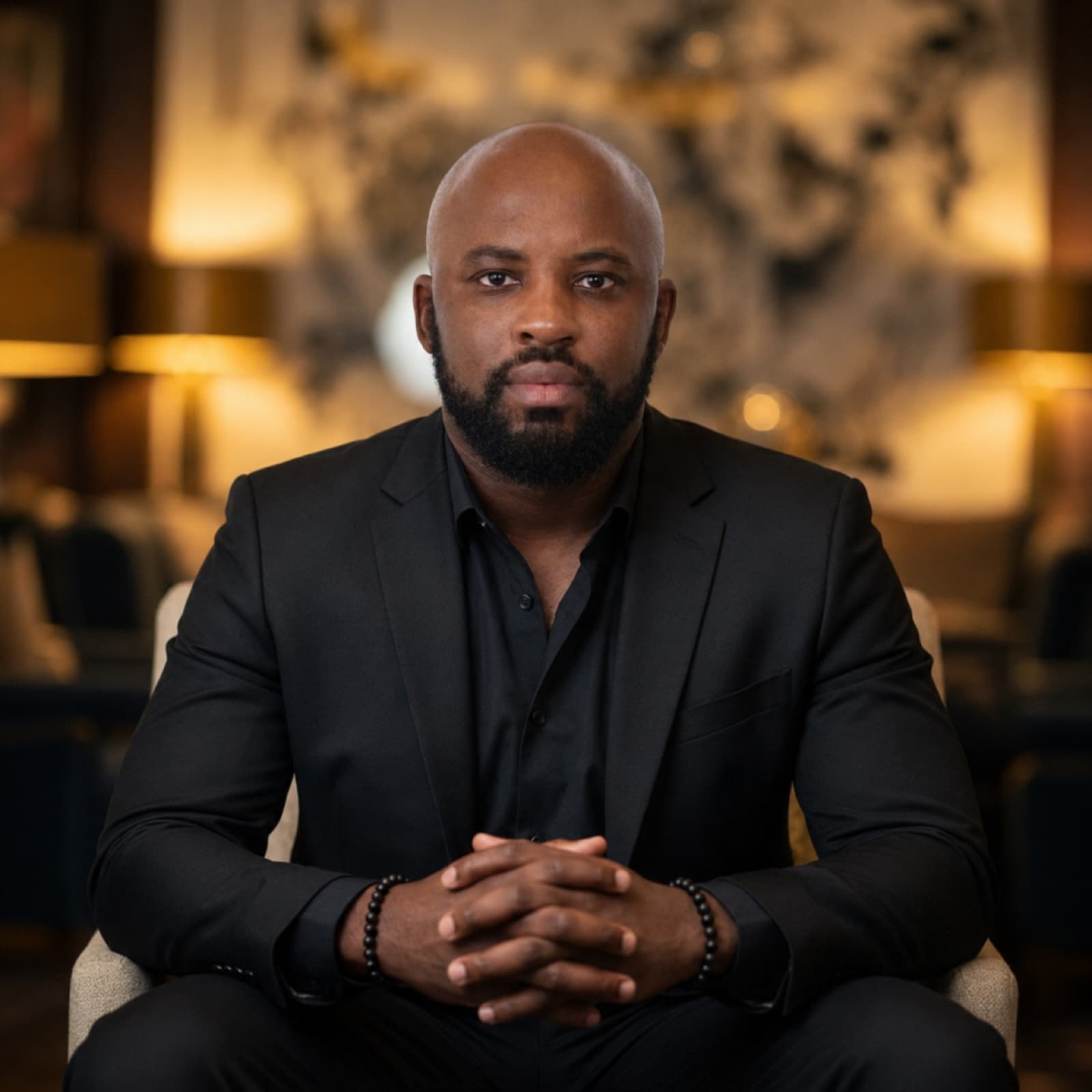 Samuel Audu, seated in a warmly lit lounge wearing a black suit